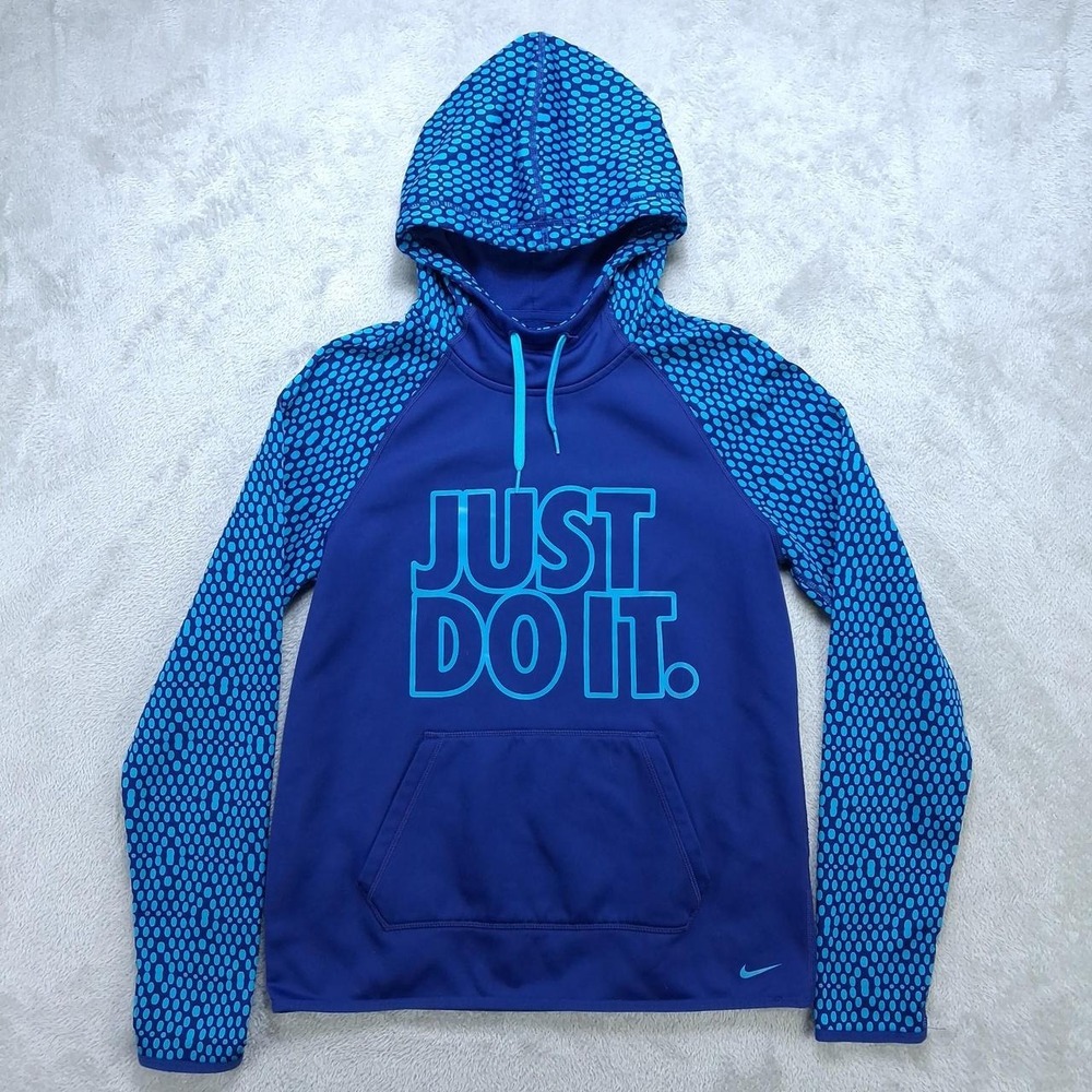 Nike Womens Therma-FIT Just Do It Pullover Hoodie Blue Polka Dot Small